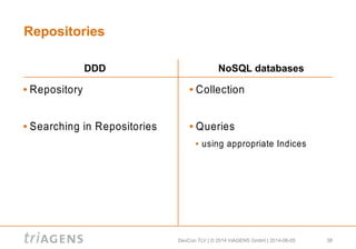 DevCon TLV | © 2014 triAGENS GmbH | 2014-06-05 38
Repositories
 Repository
 Searching in Repositories
 Collection
 Queries
 using appropriate Indices
DDD NoSQL databases
 