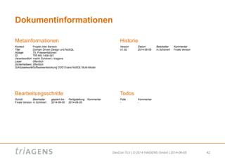 DevCon TLV | © 2014 triAGENS GmbH | 2014-06-05 42
Kontext Projekt oder Bereich
Titel Domain Driven Design und NoSQL
Ablage 70_Praesentationen
ID TRI-MS-1406-001
Verantwortlich martin Schönert / triagens
Leser öffentlich
Sicherheitsein. öffentlich
SchlüsselworteSoftwareentwicklung DDD Evans NoSQL Multi-Model
Schritt Bearbeiter geplant bis Fertigstellung Kommentar
Finale Version m.Schönert 2014-06-05 2014-06-05
Version Datum Bearbeiter Kommentar
V1.00 2014-06-05 m.Schönert Finale Version
Folie Kommentar
- -
Dokumentinformationen
Metainformationen Historie
Bearbeitungsschritte Todos
 