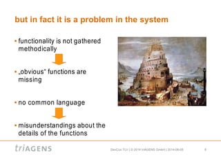 DevCon TLV | © 2014 triAGENS GmbH | 2014-06-05 8
but in fact it is a problem in the system
 functionality is not gathered
methodically
 „obvious“ functions are
missing
 no common language
 misunderstandings about the
details of the functions
 