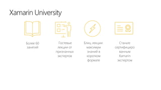 Xamarin University
Более 60
занятий
Гостевые
лекции от
признанных
экспертов
Блиц лекции:
максимум
знаний в
коротком
формате
Станьте
сертифициро
ванным
Xamarin
экспертом
 
