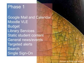 Phase 1
Google Mail and Calendar
Moodle VLE
Budget
Library Services
Static student content
General news/events
Targeted alerts
Search
Single Sign-On
Picture by Flickr user isado
 
