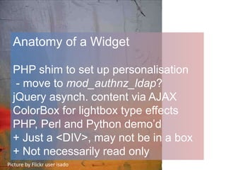 Anatomy of a Widget
PHP shim to set up personalisation
- move to mod_authnz_ldap?
jQuery asynch. content via AJAX
ColorBox for lightbox type effects
PHP, Perl and Python demo’d
+ Just a <DIV>, may not be in a box
+ Not necessarily read only
Picture by Flickr user isadoPicture by Flickr user isado
 