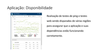 Aplicação: Disponibilidade
Realização de testes de ping e testes
web sendo disparados de várias regiões
para assegurar que a aplicação e suas
dependências estão funcionando
corretamente.
 