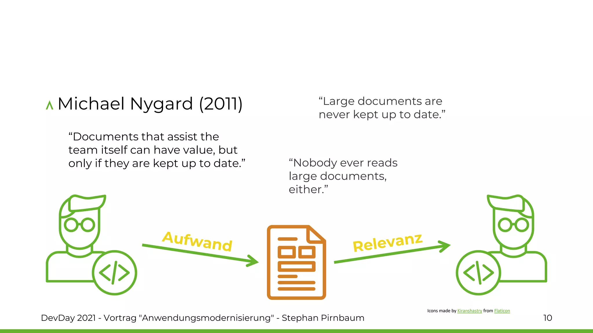 Michael Nygard (2011)
DevDay 2021 - Vortrag "Anwendungsmodernisierung" - Stephan Pirnbaum 10
“Documents that assist the
team itself can have value, but
only if they are kept up to date.”
“Large documents are
never kept up to date.”
“Nobody ever reads
large documents,
either.”
Icons made by Kiranshastry from Flaticon
 