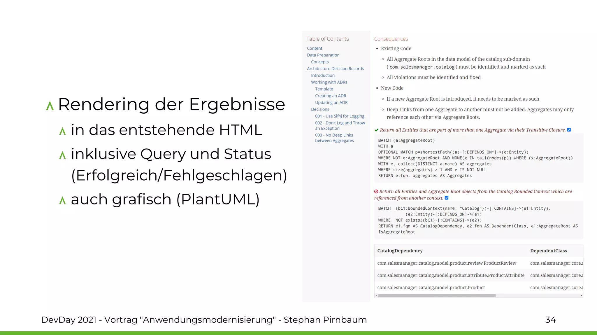 DevDay 2021 - Vortrag "Anwendungsmodernisierung" - Stephan Pirnbaum 34
Rendering der Ergebnisse
in das entstehende HTML
inklusive Query und Status
(Erfolgreich/Fehlgeschlagen)
auch grafisch (PlantUML)
 