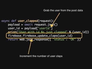Increment the number of user claps
Grab the user from the post data
 