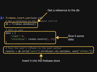 Get a reference to the db
Give it some
data
Insert it into the ﬁrebase store
 