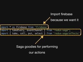 Import ﬁrebase 

because we want it
Saga goodies for performing 

our actions
 
