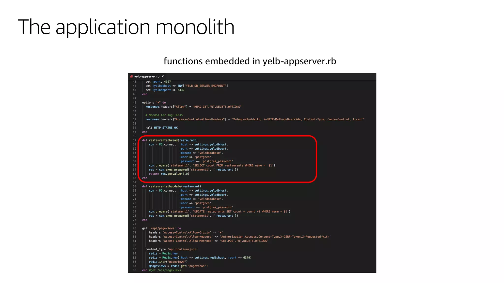 © 2019, Amazon Web Services, Inc. or its affiliates. All rights reserved.
The application monolith
functions embedded in yelb-appserver.rb
 