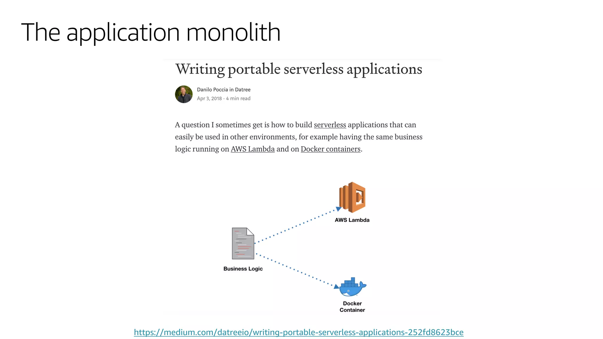 © 2019, Amazon Web Services, Inc. or its affiliates. All rights reserved.
The application monolith
https://medium.com/datreeio/writing-portable-serverless-applications-252fd8623bce
 
