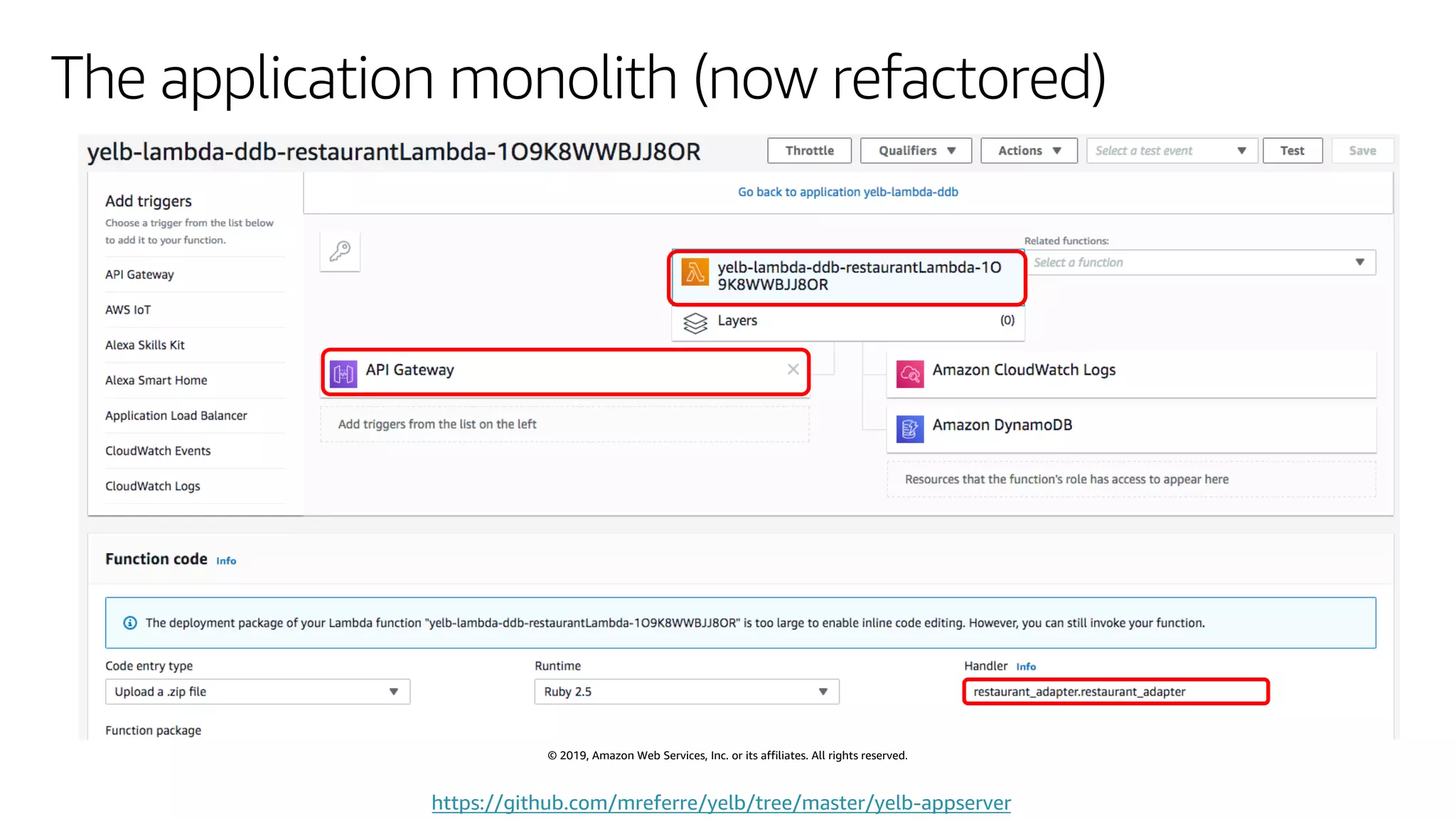 © 2019, Amazon Web Services, Inc. or its affiliates. All rights reserved.
The application monolith (now refactored)
https://github.com/mreferre/yelb/tree/master/yelb-appserver
 