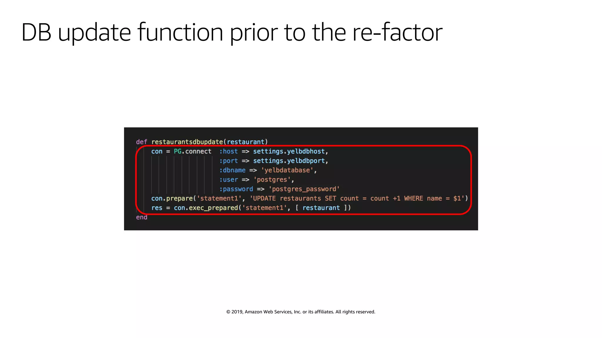 © 2019, Amazon Web Services, Inc. or its affiliates. All rights reserved.
DB update function prior to the re-factor
 