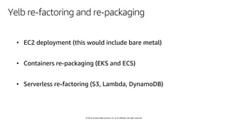 © 2019, Amazon Web Services, Inc. or its affiliates. All rights reserved.
Yelb re-factoring and re-packaging
 