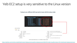 © 2019, Amazon Web Services, Inc. or its affiliates. All rights reserved.
Yelb EC2 setup is very sensitive to the Linux version
Trying to use a different AMI may lead to issues with the setup scripts
https://github.com/mreferre/yelb/blob/master/deployments/platformdeployment/AWS/EC2/yelb-cloudformation-EC2-distributed-deployment.json
 