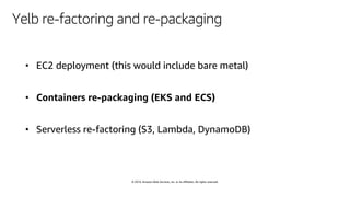 © 2019, Amazon Web Services, Inc. or its affiliates. All rights reserved.
Yelb re-factoring and re-packaging
 