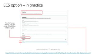 © 2019, Amazon Web Services, Inc. or its affiliates. All rights reserved.
ECS option – in practice
https://github.com/mreferre/yelb/blob/master/deployments/platformdeployment/AWS/ECS/yelb-cloudformation-ECS-deployment.yaml
 