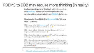© 2019, Amazon Web Services, Inc. or its affiliates. All rights reserved.
RDBMS to DDB may require more thinking (in reality)
https://threadreaderapp.com/thread/1137002244157710336.html
 