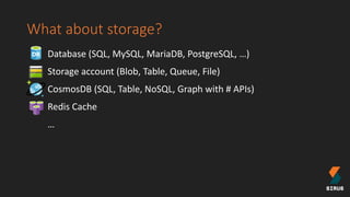 What about storage?
Database (SQL, MySQL, MariaDB, PostgreSQL, …)
Storage account (Blob, Table, Queue, File)
CosmosDB (SQL, Table, NoSQL, Graph with # APIs)
Redis Cache
…
 