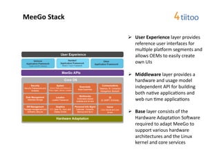 MeeGo	
  Stack	
  

                       User	
  Experience	
  layer	
  provides	
  
                        reference	
  user	
  interfaces	
  for	
  
                        mul2ple	
  plamorm	
  segments	
  and	
  
                        allows	
  OEMs	
  to	
  easily	
  create	
  
                        own	
  UIs	
  	
  

                       Middleware	
  layer	
  provides	
  a	
  
                        hardware	
  and	
  usage	
  model	
  
                        independent	
  API	
  for	
  building	
  
                        both	
  na2ve	
  applica2ons	
  and	
  
                        web	
  run	
  2me	
  applica2ons	
  

                       Base	
  layer	
  consists	
  of	
  the	
  
                        Hardware	
  Adapta2on	
  Sorware	
  
                        required	
  to	
  adapt	
  MeeGo	
  to	
  
                        support	
  various	
  hardware	
  
                        architectures	
  and	
  the	
  Linux	
  
                        kernel	
  and	
  core	
  services	
  
 