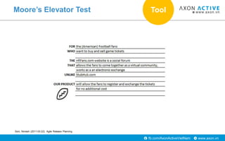 www.axon.vnfb.com/AxonActiveVietNam
Moore’s Elevator Test
Soni, Nimesh (2011-03-22). Agile Release Planning
Tool
 