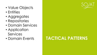 TACTICAL PATTERNS
• Value Objects
• Entities
• Aggregates
• Repositories
• Domain Services
• Application
Services
• Domain Events
 