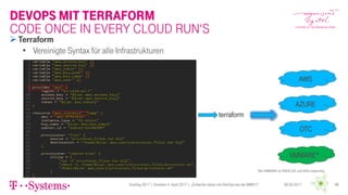 18
Terraform
• Vereinigte Syntax für alle Infrastrukturen
terraform
AWS
AZURE
OTC
VMWARE*
*Bei VMWARE ist VREALIZE und NSX notwendig
06.04.2017DevDay 2017 | Dresden 4. April 2017 | „Einfacher leben mit DevOps bei der MMS !!“ 18
DevOps mit TerRaform
CoDE Once in every Cloud Run‘s
 