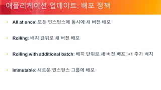 © 2018, Amazon Web Services, Inc. or its Affiliates. All rights reserved.
애플리케이션 업데이트: 배포 정책
• All at once: 모든 인스턴스에 동시에 새 버전 배포
• Rolling: 배치 단위로 새 버전 배포
• Rolling with additional batch: 배치 단위로 새 버전 배포, +1 추가 배치
• Immutable: 새로운 인스턴스 그룹에 배포
 