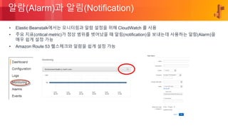 © 2018, Amazon Web Services, Inc. or its Affiliates. All rights reserved.
알람(Alarm)과 알림(Notification)
• Elastic Beanstalk에서는 모니터링과 알람 설정을 위해 CloudWatch 를 사용
• 주요 지표(critical metric)가 정상 범위를 벗어났을 때 알림(notification)을 보내는데 사용하는 알람(Alarm)을
매우 쉽게 설정 가능
• Amazon Route 53 헬스체크와 알람을 쉽게 설정 가능
 