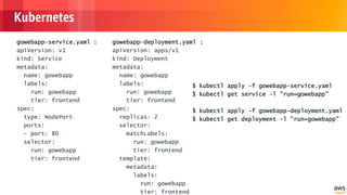 © 2018, Amazon Web Services, Inc. or its Affiliates. All rights reserved.
Kubernetes
gowebapp-service.yaml :
apiVersion: v1
kind: Service
metadata:
name: gowebapp
labels:
run: gowebapp
tier: frontend
spec:
type: NodePort
ports:
- port: 80
selector:
run: gowebapp
tier: frontend
gowebapp-deployment.yaml :
apiVersion: apps/v1
kind: Deployment
metadata:
name: gowebapp
labels:
run: gowebapp
tier: frontend
spec:
replicas: 2
selector:
matchLabels:
run: gowebapp
tier: frontend
template:
metadata:
labels:
run: gowebapp
tier: frontend
$ kubectl apply -f gowebapp-service.yaml
$ kubectl get service -l "run=gowebapp”
$ kubectl apply -f gowebapp-deployment.yaml
$ kubectl get deployment -l "run=gowebapp"
 