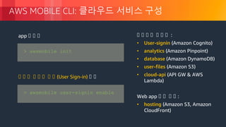 © 2018, Amazon Web Services, Inc. or its Affiliates. All rights reserved.
AWS MOBILE CLI: 클라우드 서비스 구성
> awsmobile init
> awsmobile user-signin enable
app 상 상 상
상 상 상 상 상 상 상 상 (User Sign-in) 상 상
상 상 상 상 상 상 상 :
• User-signin (Amazon Cognito)
• analytics (Amazon Pinpoint)
• database (Amazon DynamoDB)
• user-files (Amazon S3)
• cloud-api (API GW & AWS
Lambda)
Web app 상 상 상 상 :
• hosting (Amazon S3, Amazon
CloudFront)
 
