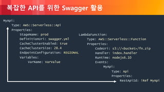 © 2018, Amazon Web Services, Inc. or its Affiliates. All rights reserved.
복잡한 API를 위한 Swagger 활용
MyApi:
Type: AWS::Serverless::Api
Properties:
StageName: prod
DefinitionUri: swagger.yml
CacheClusterEnabled: true
CacheClusterSize: 28.4
EndpointConfiguration: REGIONAL
Variables:
VarName: VarValue
LambdaFunction:
Type: AWS::Serverless::Function
Properties:
CodeUri: s3://<bucket>/fn.zip
Handler: index.handler
Runtime: nodejs6.10
Events:
MyApi:
Type: Api
Properties:
RestApiId: !Ref MyApi
 