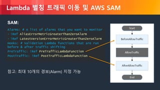 © 2018, Amazon Web Services, Inc. or its Affiliates. All rights reserved.
Lambda 별칭 트래픽 이동 및 AWS SAM
SAM:
Alarms: # A list of alarms that you want to monitor
- !Ref AliasErrorMetricGreaterThanZeroAlarm
- !Ref LatestVersionErrorMetricGreaterThanZeroAlarm
Hooks: # Validation Lambda functions that are run
before & after traffic shifting
PreTraffic: !Ref PreTrafficLambdaFunction
PostTraffic: !Ref PostTrafficLambdaFunction
참고: 최대 10개의 경보(Alarm) 지정 가능
 