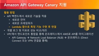 © 2018, Amazon Web Services, Inc. or its Affiliates. All rights reserved.
Amazon API Gateway Canary 지원
활용 방법
• API 백엔드에서 새로운 기술을 적용
• 새로운 언어
• 새로운 프레임워크
• Lambda 함수로 특정 기능 구현 후 연결
• 개별 로그 및 지표로 성능 비교/대조
• VPC에서 엔드포인트 통합을 통해 온프레미스에서 AWS로 API를 마이그레이션
• API Gateway à Network Load Balancer (NLB) à 온프레미스 (Direct
Connect 또는 VPN 연결을 통해)
 
