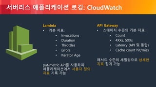 © 2018, Amazon Web Services, Inc. or its Affiliates. All rights reserved.
서버리스 애플리케이션 로깅: CloudWatch
Lambda
• 기본 지표:
• Invocations
• Duration
• Throttles
• Errors
• Iterator Age
put-metric API를 사용하여
애플리케이션에서 사용자 정의
지표 기록 가능
API Gateway
• 스테이지 수준의 기본 지표:
• Count
• 4XXs, 5XXs
• Latency (API 및 통합)
• Cache count hit/miss
메서드 수준의 세밀성으로 상세한
지표 집계 가능
 