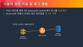 © 2018, Amazon Web Services, Inc. or its Affiliates. All rights reserved.
사용자 정의 지표 및 로그 생성
• 타임스탬프를 통한 API Gateway와 Lambda에서 로그를 상호연관
• DynamoDB 호출과 관련된 많은 정보들을 로그로 기록
Amazon
API Gateway
Amazon
DynamoDBAWS Lambda
간단한 서버리스 애플리케이션
 