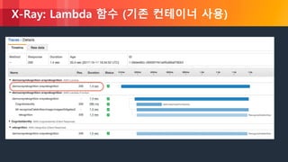 © 2018, Amazon Web Services, Inc. or its Affiliates. All rights reserved.
X-Ray: Lambda 함수 (기존 컨테이너 사용)
 