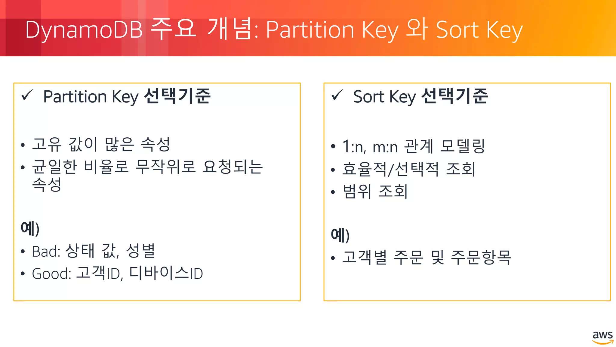 © 2018, Amazon Web Services, Inc. or its Affiliates. All rights reserved.
DynamoDB 주요 개념: Partition Key 와 Sort Key
ü Partition Key 선택기준
• 고유 값이 많은 속성
• 균일한 비율로 무작위로 요청되는
속성
예)
• Bad: 상태 값, 성별
• Good: 고객ID, 디바이스ID
ü Sort Key 선택기준
• 1:n, m:n 관계 모델링
• 효율적/선택적 조회
• 범위 조회
예)
• 고객별 주문 및 주문항목
 