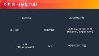 © 2018, Amazon Web Services, Inc. or its Affiliates. All rights reserved.
어디에 사용할까요?
Caching
IOT
PUB/SUB
Leaderboards
API
(http responses)
세션관리
스트리밍 데이터 분석
(Filtering/aggregation)
메타데이터 저장
 