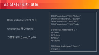 © 2018, Amazon Web Services, Inc. or its Affiliates. All rights reserved.
#4 실시간 리더 보드
ZADD "leaderboard" 1201 "Gollum”
ZADD "leaderboard" 963 "Sauron"
ZADD "leaderboard" 1092 "Bilbo"
ZADD "leaderboard" 1383 "Frodo”
ZREVRANGE "leaderboard" 0 -1
1) "Frodo"
2) "Gollum"
3) "Bilbo"
4) "Sauron”
ZREVRANK "leaderboard" "Sauron"
(integer) 3
Redis sorted sets 쉽게 사용
Uniqueness 와 Ordering
그룹별 분리 (Level, Top10)
 