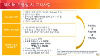 © 2018, Amazon Web Services, Inc. or its Affiliates. All rights reserved.
데이터 모델링 시 고려사항
Use case 이해
• 데이터 성격 [OLTP / OLAP / full-text 검색]
• 엔티티 간의 관계
• 동시 접속 패턴 (처리량, 동시 접속자 수 등)
• 시계열 데이터 인가?
• 데이터 보관기간, 등.
액세스 패턴 정의
• 대상 데이터 분석 (쓰기 작업)
• 1 건 읽기 vs 여러 건 읽기 (읽기 작업)
• 쿼리 집계 및 KPI (읽기/쓰기 응답 속도)
데이터 모델링
(NoSQL용)
• 1-1, 1-m, n-m 관계
• 1 애플리케이션 = 1 테이블
- 불필요한 fetch 피하기
- 액세스 패턴 단순화
• Primary Key 정의
• Partition-Key 와 Sort-Key 정의
• LSI 와 GSI 활용한 쿼리 정의
Review
Repeat
Review
참고)
https://www.slideshare.net/AmazonWebServices/workshop-on-
advanced-design-patterns-for-amazon-dynamodb-dat405-
reinvent-2017
 