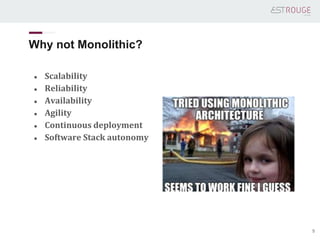 Why not Monolithic?
● Scalability
● Reliability
● Availability
● Agility
● Continuous deployment
● Software Stack autonomy...