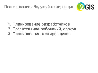 Планирование / Ведущий тестировщик
1. Планирование разработчиков
2. Согласование ребований, сроков
3. Планирование тестировщиков
 