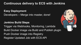 Continuous delivery to ECS with CodePipeline
1. Code push
triggers pipeline
2. ECS Service polls
CodePipeline for jobs
3. ...