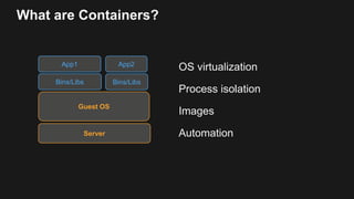 Container advantages
Portable
Flexible
Fast
EfficientServer
Guest OS
Bins/Libs Bins/Libs
App2App1
 