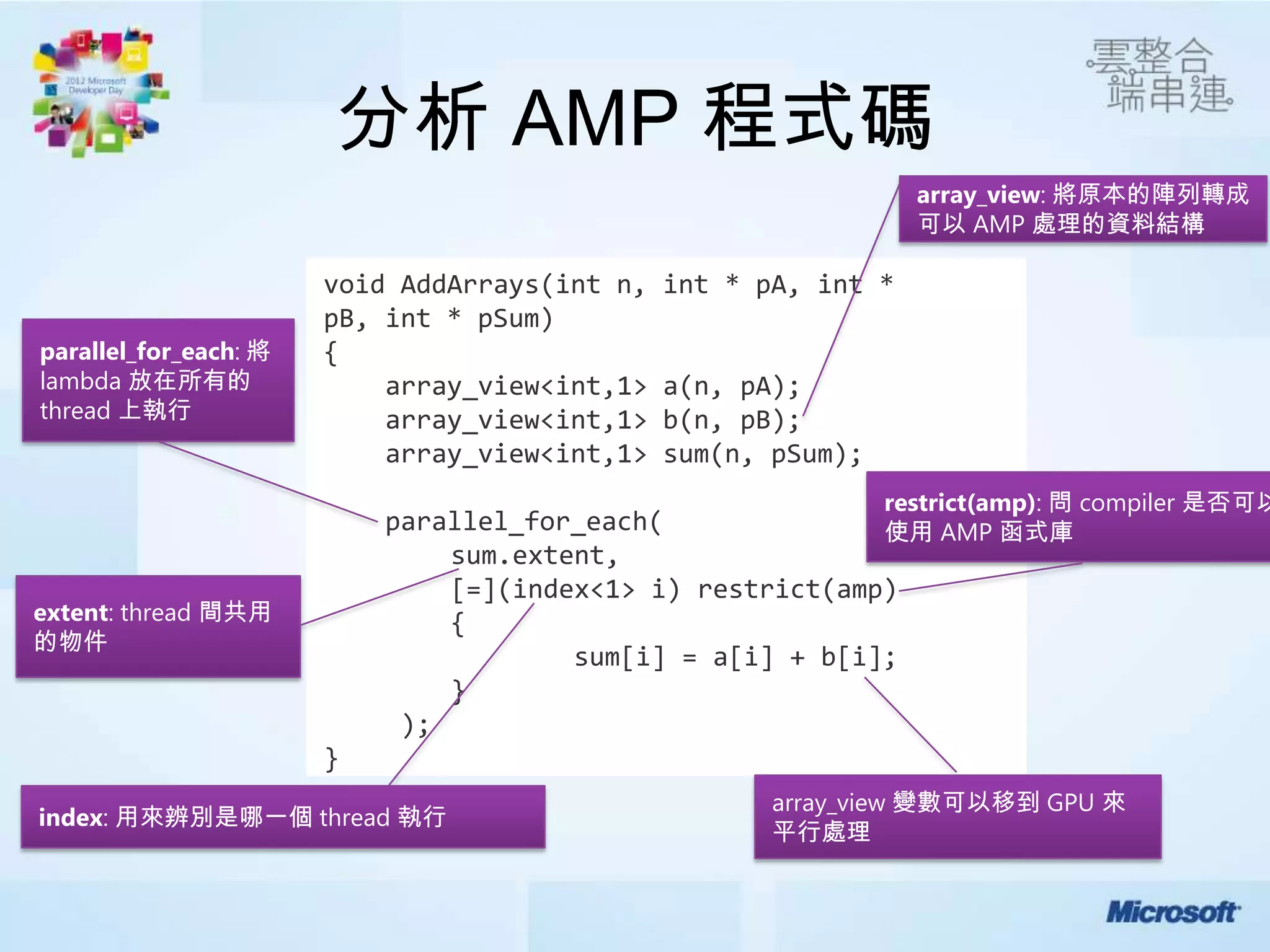分析 AMP 程式碼
                                                                 array_view: 將原本的陣列轉成
                                                                 可以 AMP 處理的資料結構

                       void AddArrays(int n,   int * pA, int *
                       pB, int * pSum)
parallel_for_each: 將   {
lambda 放在所有的               array_view<int,1>   a(n, pA);
thread 上執行                 array_view<int,1>   b(n, pB);
                           array_view<int,1>   sum(n, pSum);
                                                               restrict(amp): 問 compiler 是否可以
                           parallel_for_each(              使用 AMP 函式庫
                               sum.extent,
                               [=](index<1> i) restrict(amp)
extent: thread 間共用             {
的物件
                                       sum[i] = a[i] + b[i];
                               }
                            );
                       }
                                                      array_view 變數可以移到 GPU 來
index: 用來辨別是哪一個 thread 執行
                                                      平行處理
 