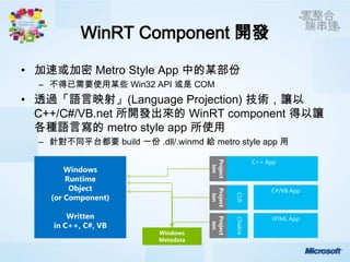 WinRT Component 開發

• 加速或加密 Metro Style App 中的某部份
  – 不得已需要使用某些 Win32 API 或是 COM
• 透過「語言映射」(Language Projection) 技術，讓以
  C++/C#/VB.net 所開發出來的 WinRT component 得以讓
  各種語言寫的 metro style app 所使用
  – 針對不同平台都要 build 一份 .dll/.winmd 給 metro style app 用
 