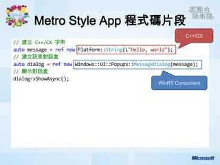 Metro Style App 程式碼片段
                                                             C++/CX
// 建立 C++/CX 字串
auto message = ref new Platform::String(L"Hello, world");
// 建立訊息對話盒
auto dialog = ref new Windows::UI::Popups::MessageDialog(message);
// 顯示對話盒
dialog->ShowAsync();
                                                   WinRT Component
 