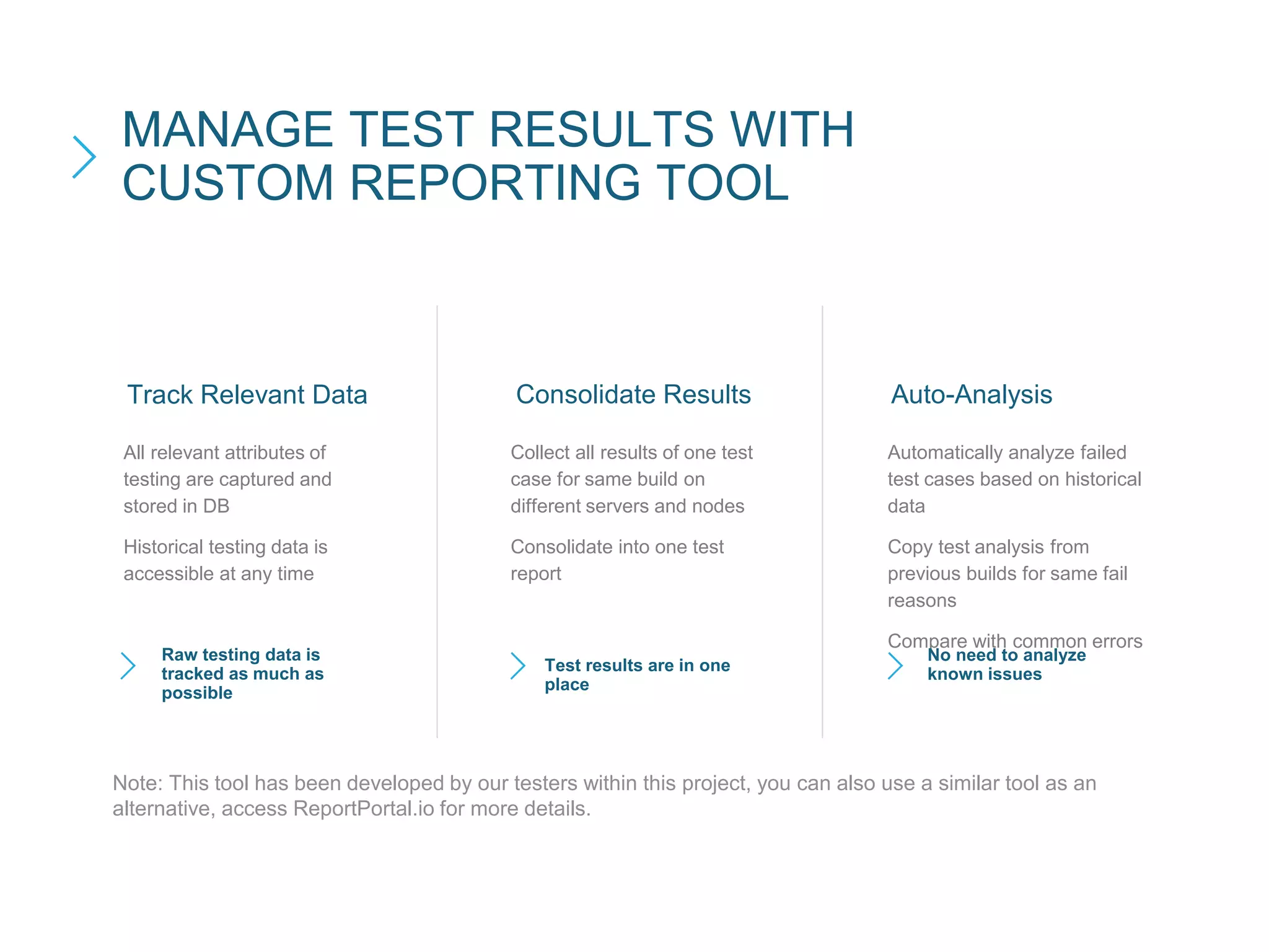 All relevant attributes of
testing are captured and
stored in DB
Historical testing data is
accessible at any time
MANAGE TEST RESULTS WITH
CUSTOM REPORTING TOOL
Auto-AnalysisConsolidate ResultsTrack Relevant Data
Collect all results of one test
case for same build on
different servers and nodes
Consolidate into one test
report
Automatically analyze failed
test cases based on historical
data
Copy test analysis from
previous builds for same fail
reasons
Compare with common errors
Raw testing data is
tracked as much as
possible
Test results are in one
place
No need to analyze
known issues
Note: This tool has been developed by our testers within this project, you can also use a similar tool as an
alternative, access ReportPortal.io for more details.
 