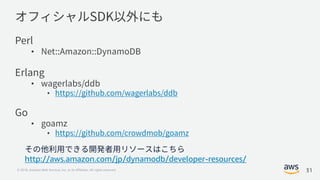 © 2018, Amazon Web Services, Inc. or its Affiliates. All rights reserved.
•
•
•
•
•
http://aws.amazon.com/jp/dynamodb/developer-resources/
31
 