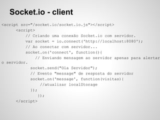 Socket.io - client
<script src="/socket.io/socket.io.js"></script>
      <script>
          // Criando uma conexão Socket.io com servidor.
          var socket = io.connect('http://localhost:8080');
          // Ao conectar com servidor...
          socket.on('connect', function(){
               // Enviando mensagem ao servidor apenas para alertar
o servidor.
            socket.send("Ola Servidor");
            // Evento "message" de resposta do servidor
            socket.on('message', function(visitas){
                 //atualizar localStorage
            });
                });
      </script>
 